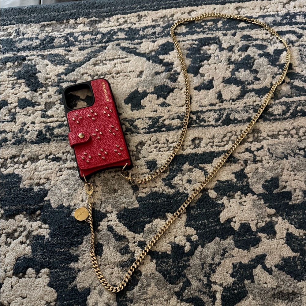 Bandolier Red Studded Crossbody Phone Case with Gold Chain iPhone 16 pro - Picture 2 of 6
